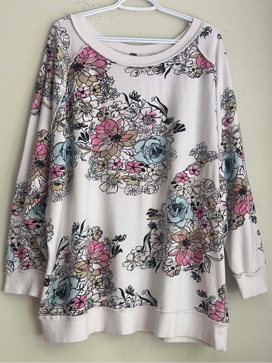Free People Tops - Free People Cream Floral Scoop-Neck Sweatshirt with Pink & Blue Blooms